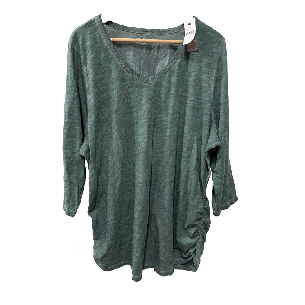 Lane Bryant Top 22/24 NWT 3/4th Sleeve Green Ruching V Neck